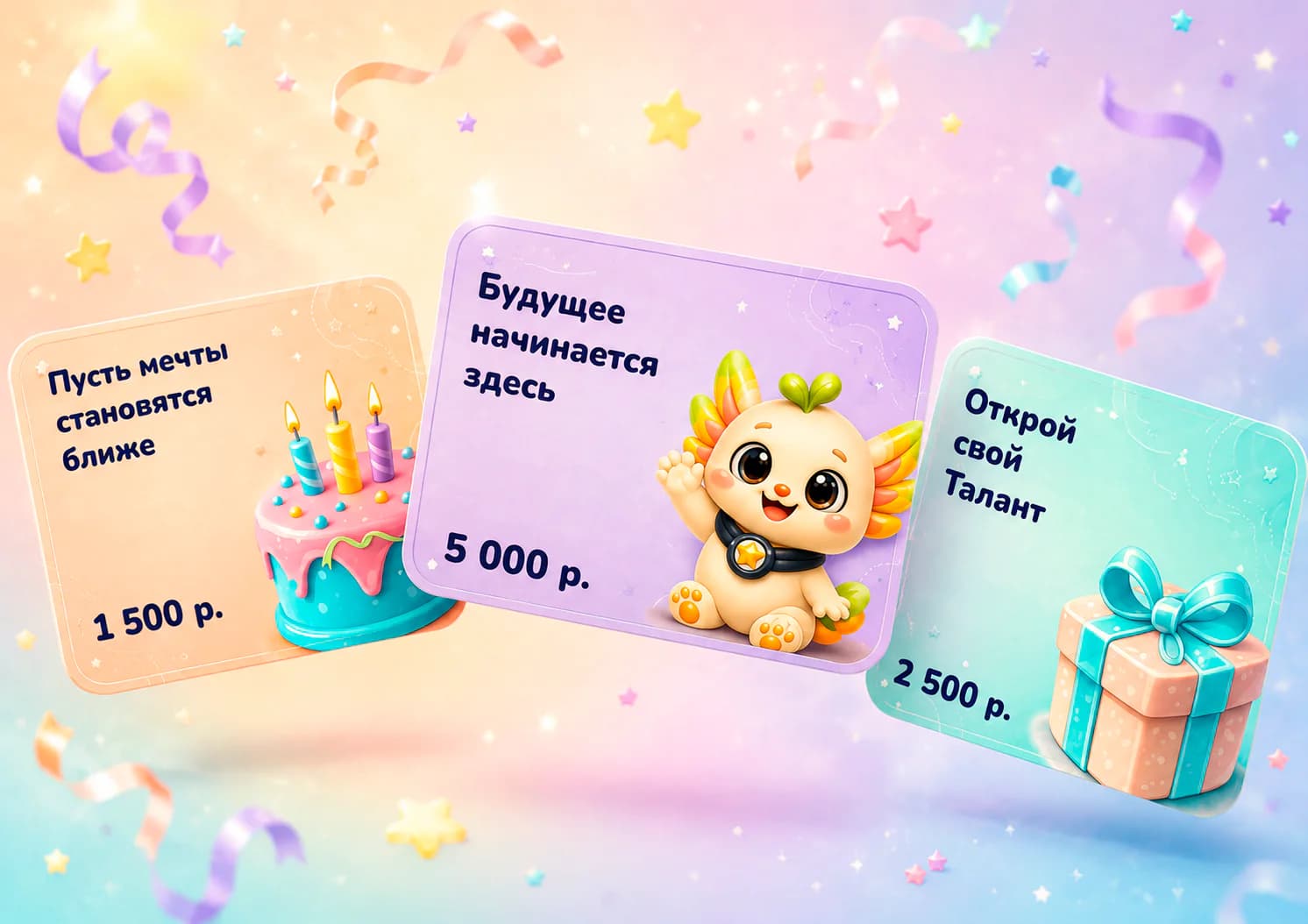 Подарочные сертификаты Талантики с разными оформлениями